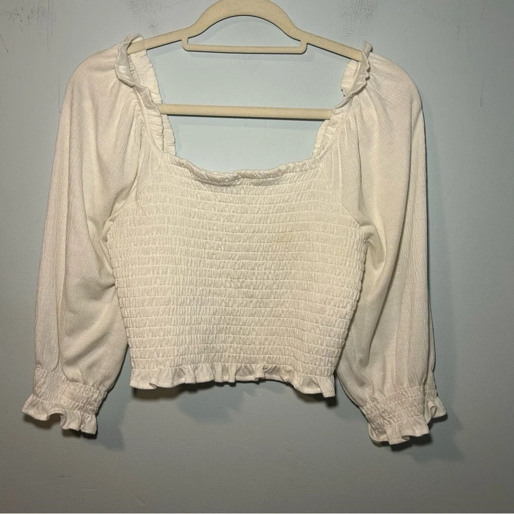 Free People White Brenyce Smocked Puff Sleeve Ruched Crop Size Medium